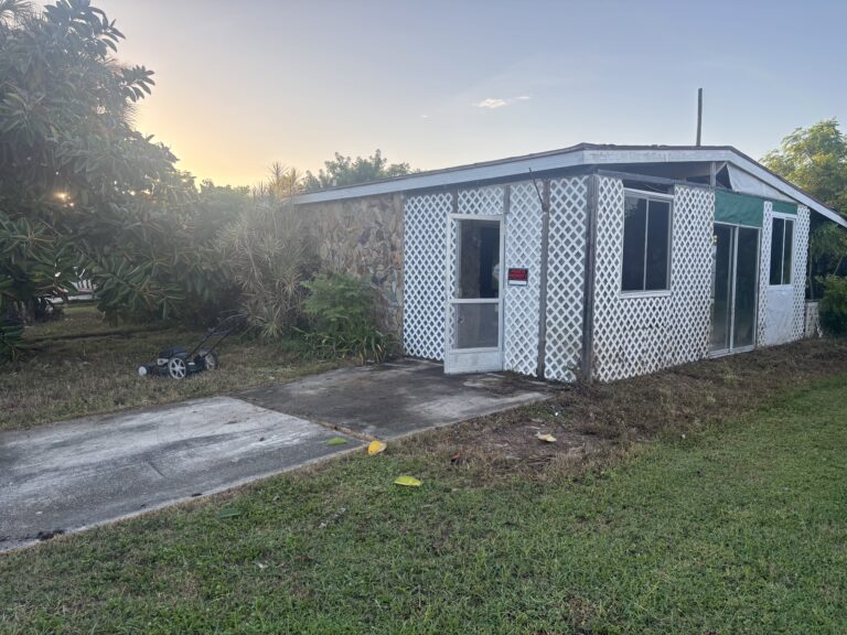 Older home with a lattice-enclosed porch and overgrown yard